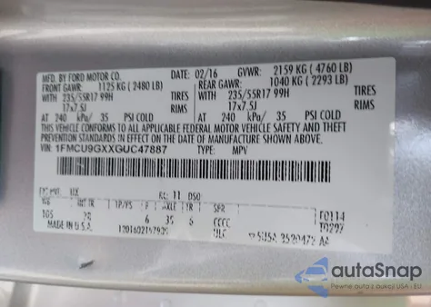 2016 Ford Escape Se z USA, uszkodzony, nr VIN 1FMCU9GXXGUC47887